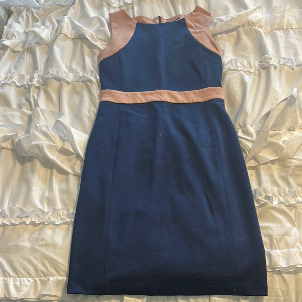 Blue and Tan Sheath Midi Dress Halter Neck Cocktail